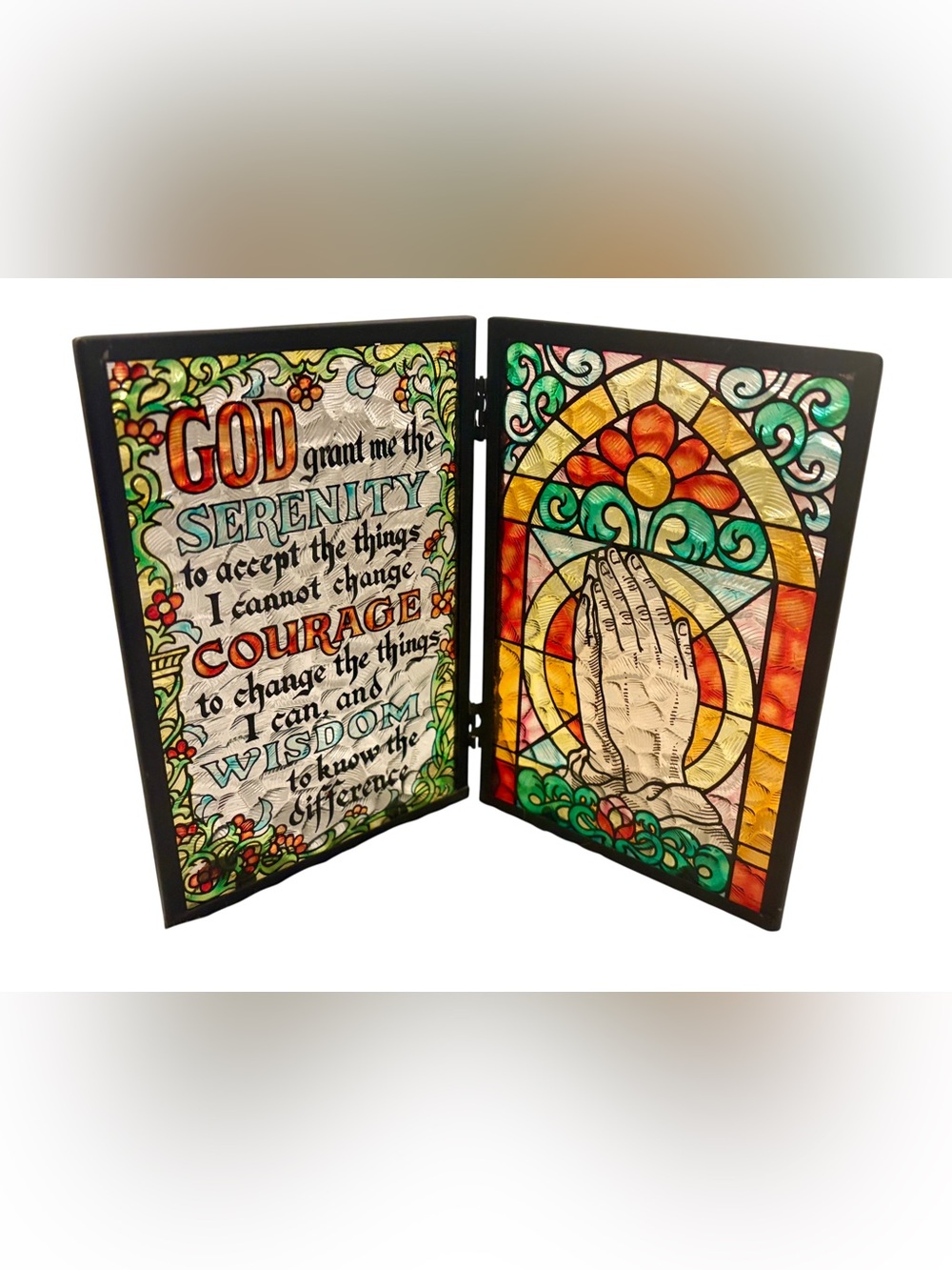 Vintage Glass Serenity Prayer Art in Double Frame Tabletop Religious Decor